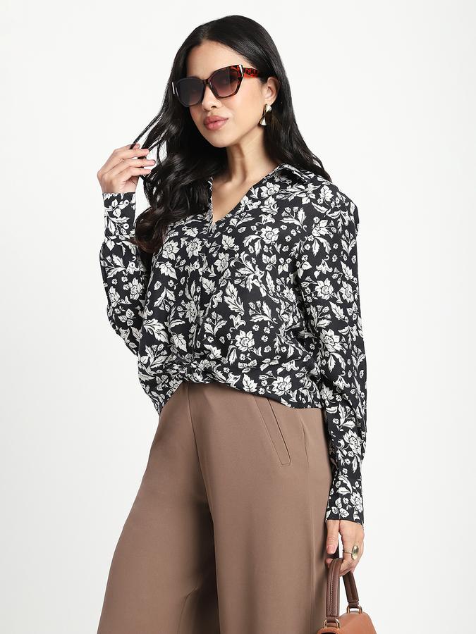 Women Polyester Regular Fit Collared Neck Floral Top