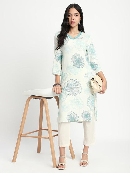 Women Cotton Straight Fit V-Neck Printed Kurta